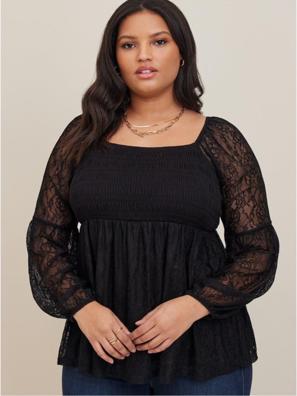 Torrid Babydoll Stretch Lace Smocked Bodice Square Neck Top Sweetheart 3X